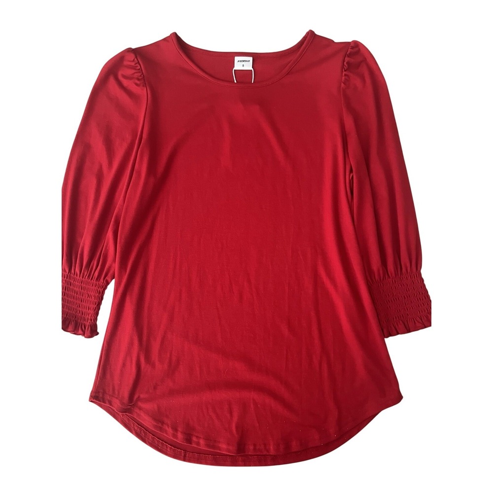 XIEERDUO‎ Womens Red Puff Sleeve Knit Top Smocked Ruffle Cuff Blouse Small NEW